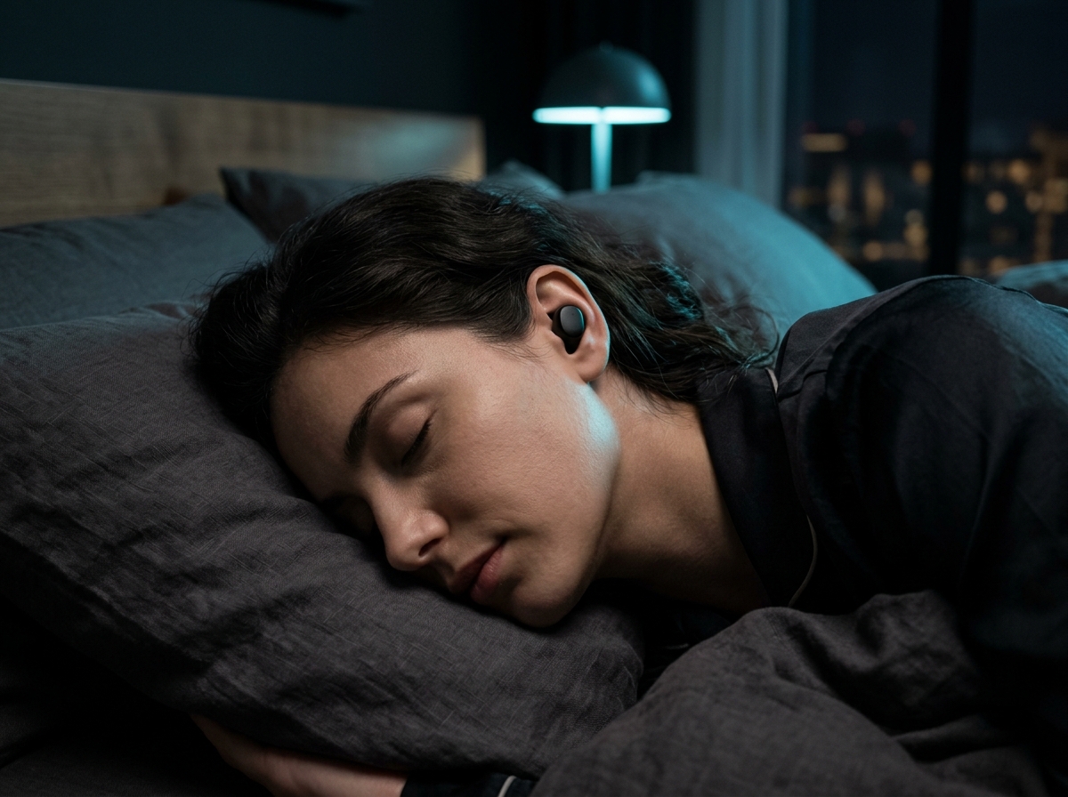 Ergonomic sleep earbud worn comfortably in side sleeping position