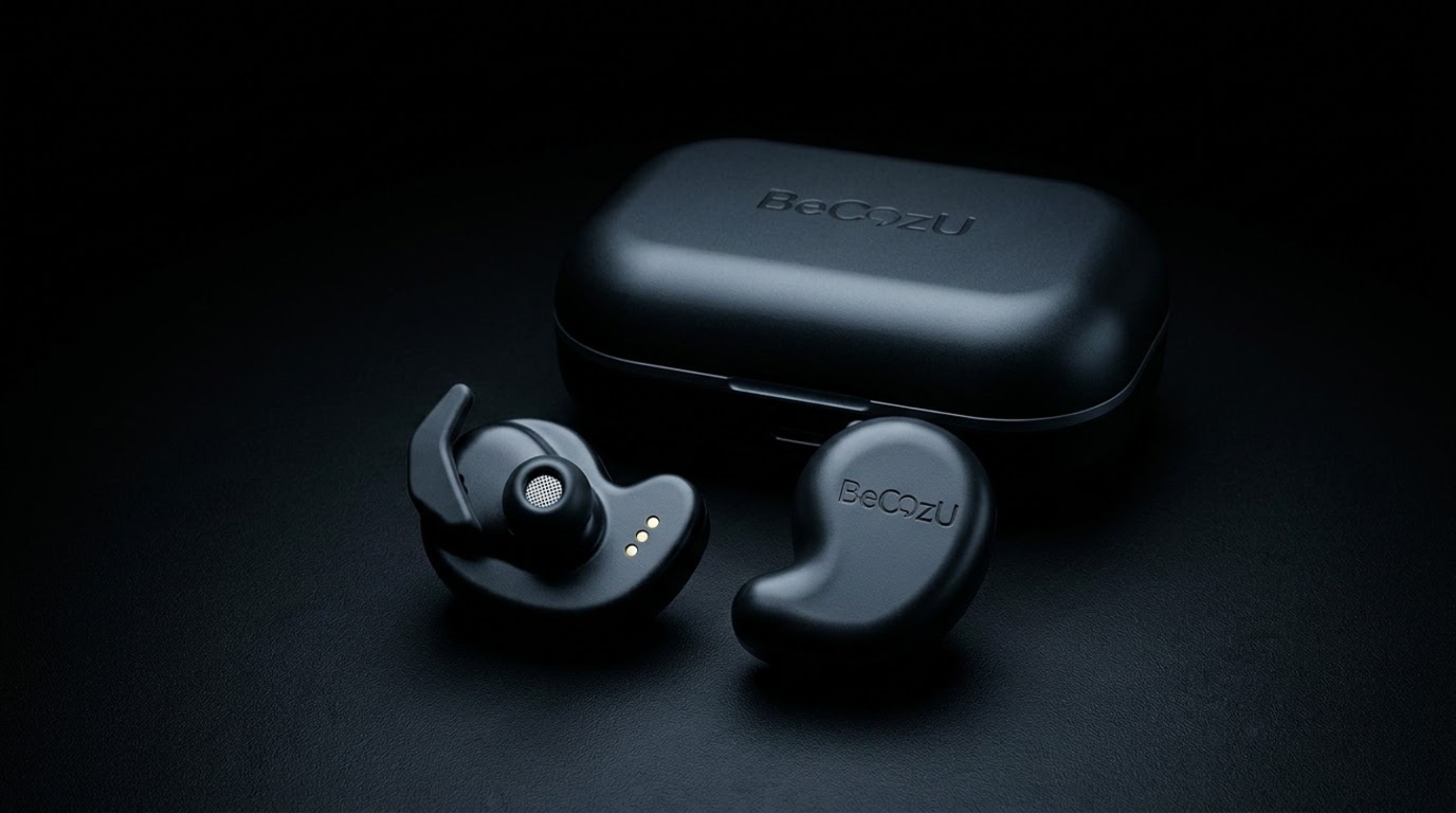 The BeCozU pair resting beside its closed charging case in the dark