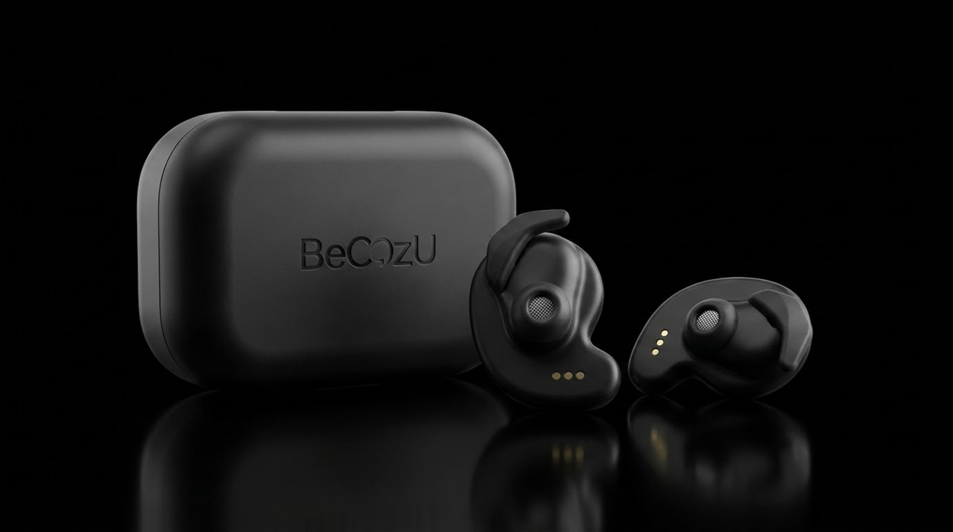 The BeCozU pair beside its charging case, both earbuds turned to show their inner faces and contact pins