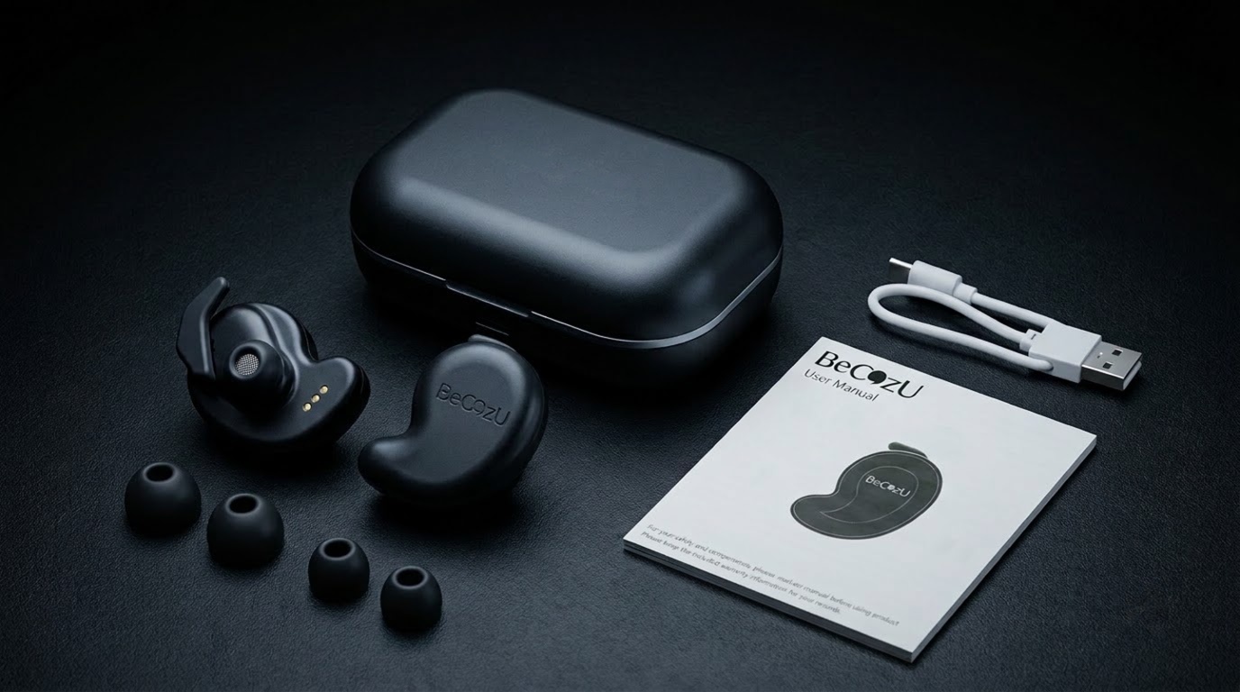 BeCozU Earbuds, Charging Cradle, USB-C Cable, Ear Tips and User Manual Box Contents