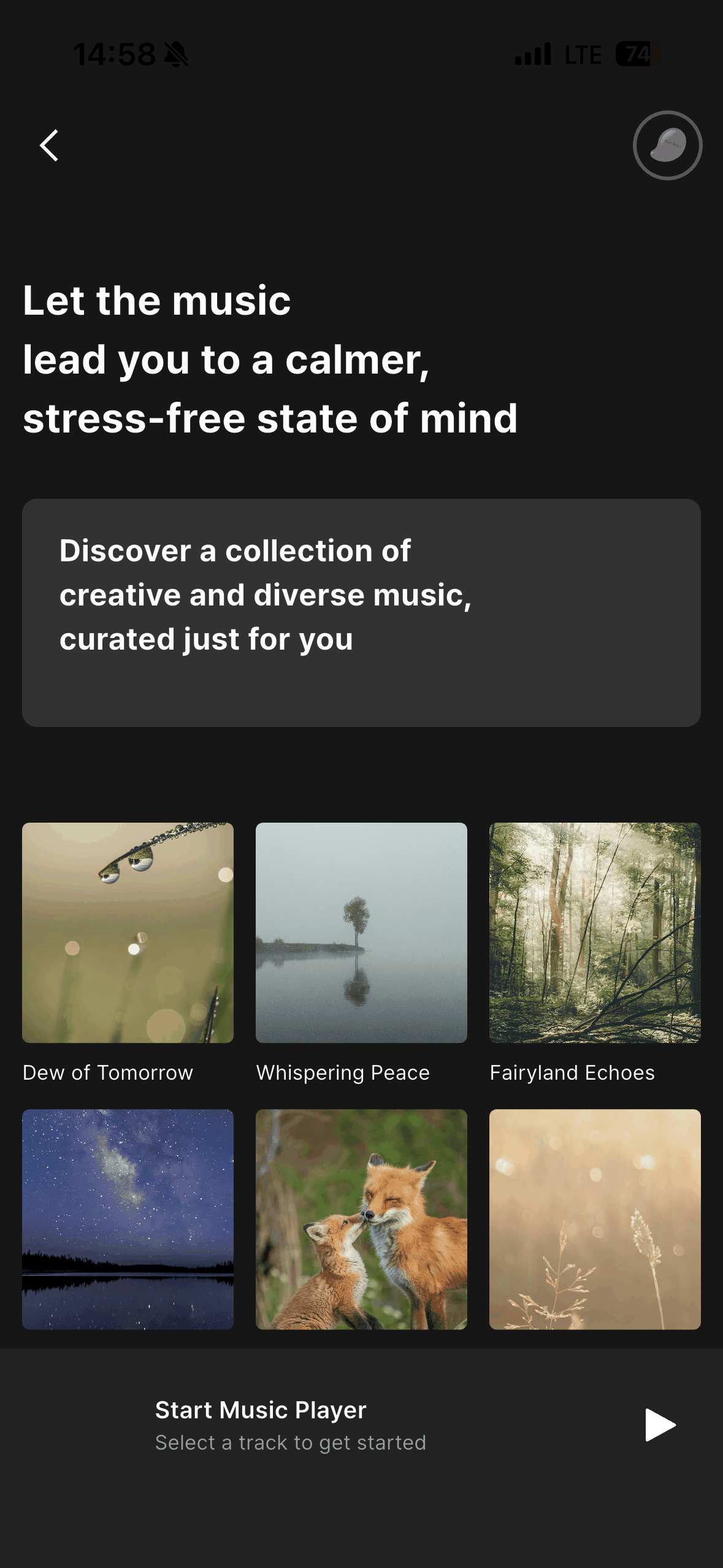 The BeCozU app's sleep music screen, listing calming tracks to fall asleep to