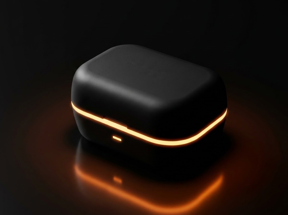 The BeCozU charging cradle on a bedside table, its ambient nightlight glowing around it