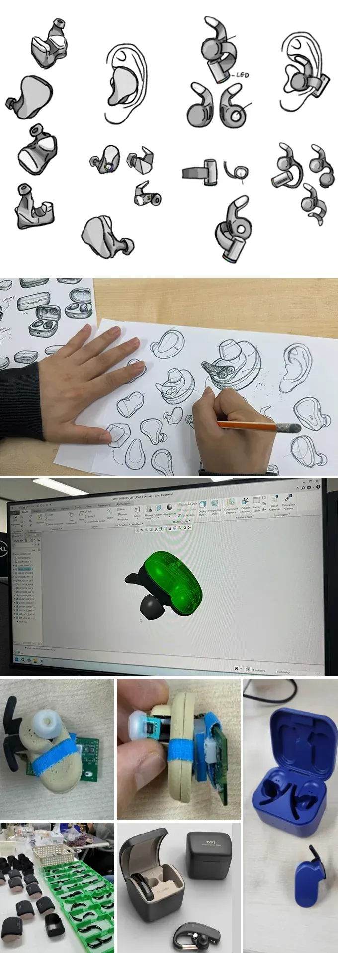 BeCozU development process — concept sketches, CAD modeling, working prototypes, and production