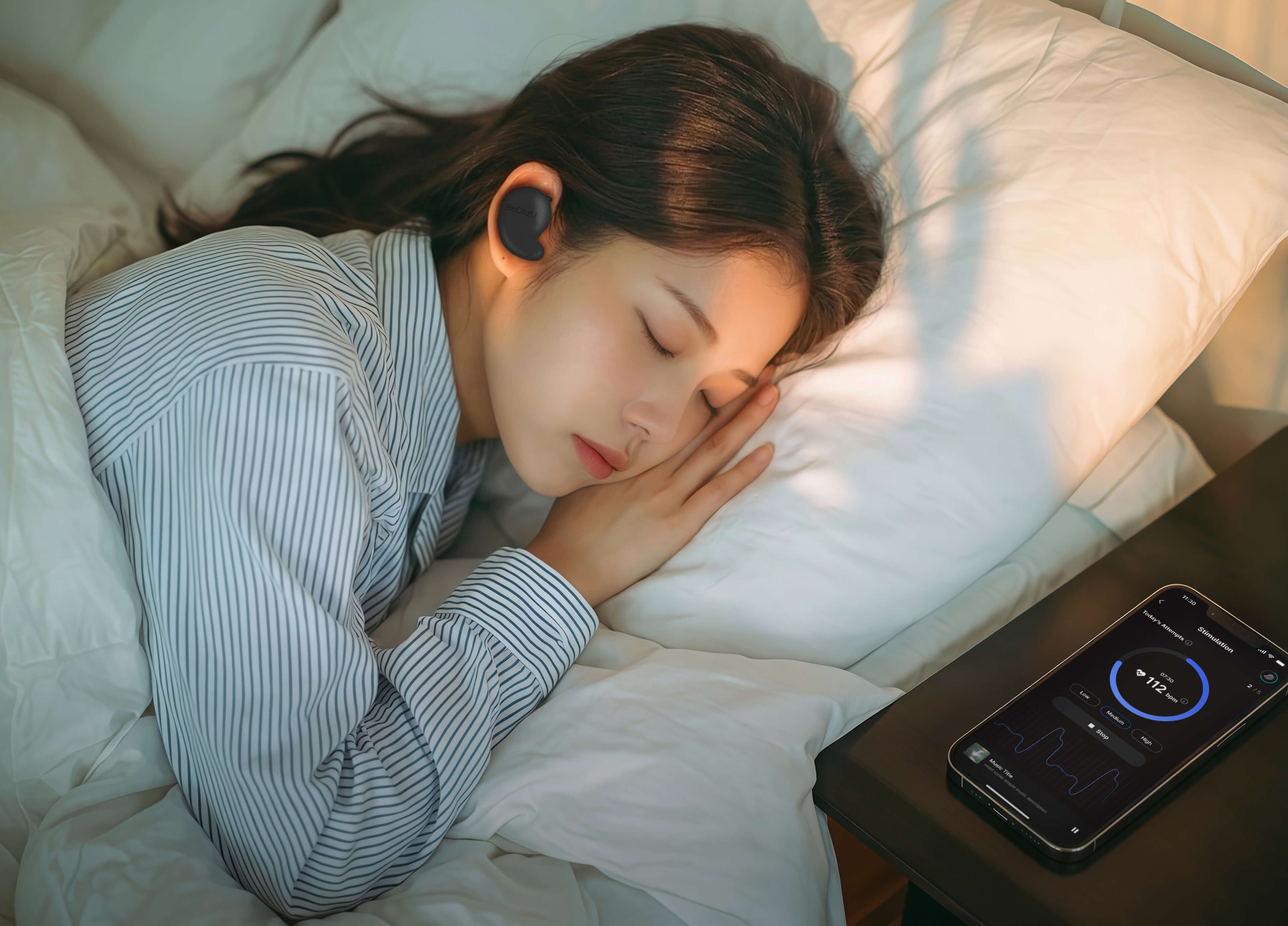 A person sleeping peacefully in a bright, calm bedroom, wearing a BeCozU earbud